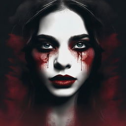 Create an image with a dark, moody gradient background transitioning from deep crimson at the top to black at the bottom, symbolizing blood and darkness