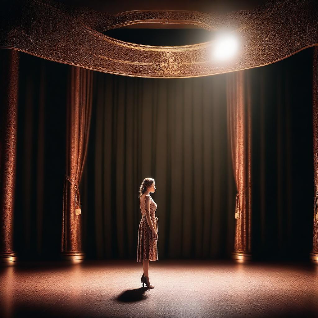 A talented actress stepping onto the stage of a grand theater, with elegant curtains drawn back and a spotlight illuminating her