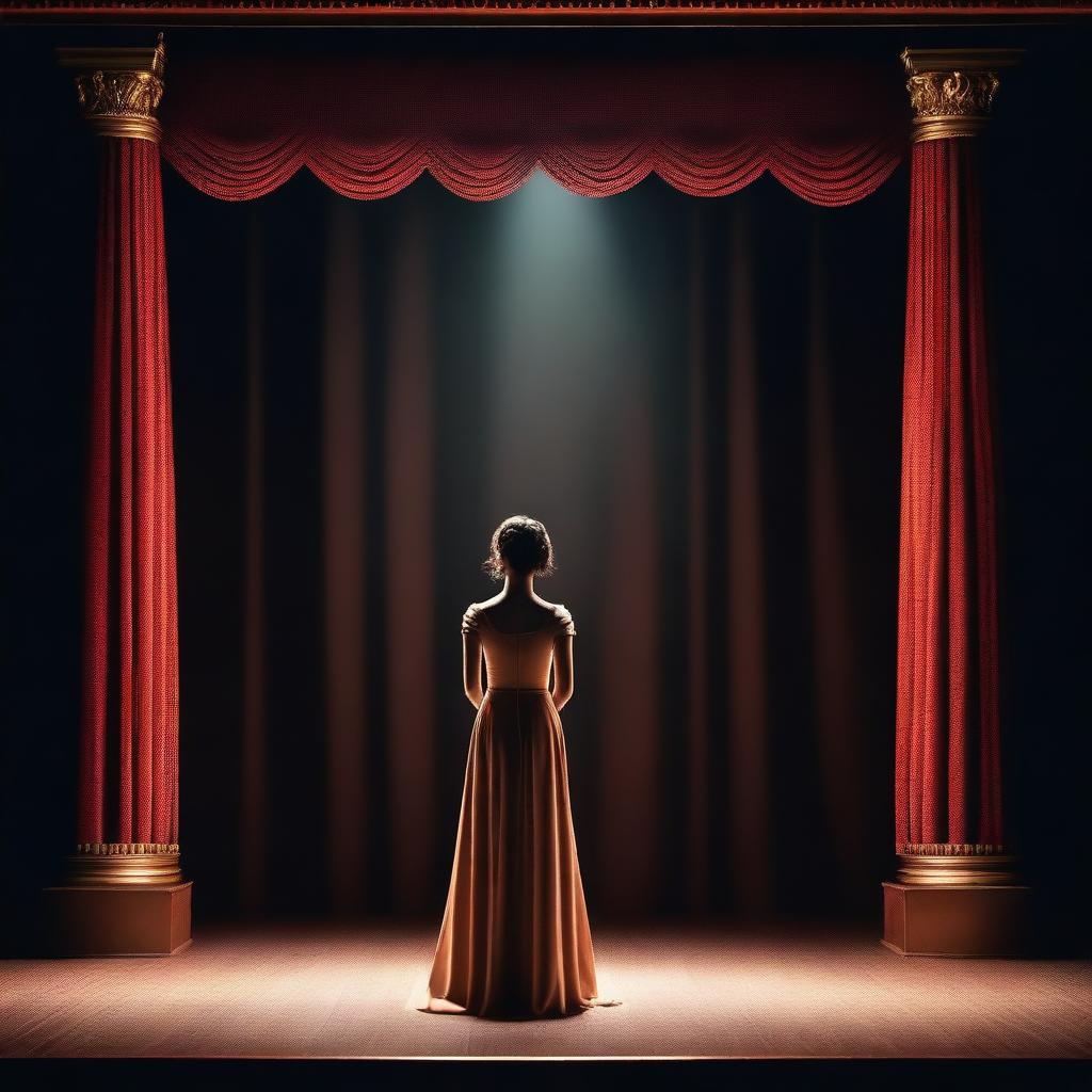 A talented actress stepping onto the stage of a grand theater, with elegant curtains drawn back and a spotlight illuminating her