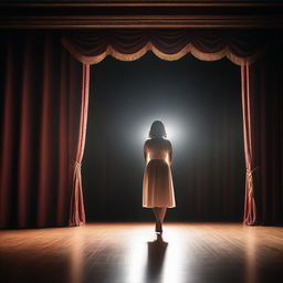 A talented actress stepping onto the stage of a grand theater, with elegant curtains drawn back and a spotlight illuminating her