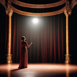 A talented actress stepping onto the stage of a grand theater, with elegant curtains drawn back and a spotlight illuminating her