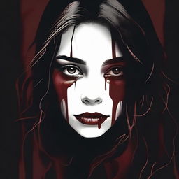 Create an image with a dark, moody gradient background transitioning from deep crimson at the top to black at the bottom, symbolizing blood and darkness