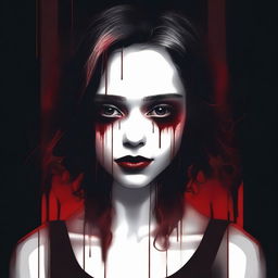 Create an image with a dark, moody gradient background transitioning from deep crimson at the top to black at the bottom, symbolizing blood and darkness