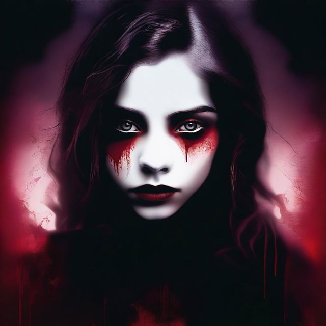 Create an image with a dark, moody gradient background transitioning from deep crimson at the top to black at the bottom, symbolizing blood and darkness