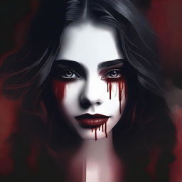 Create an image with a dark, moody gradient background transitioning from deep crimson at the top to black at the bottom, symbolizing blood and darkness