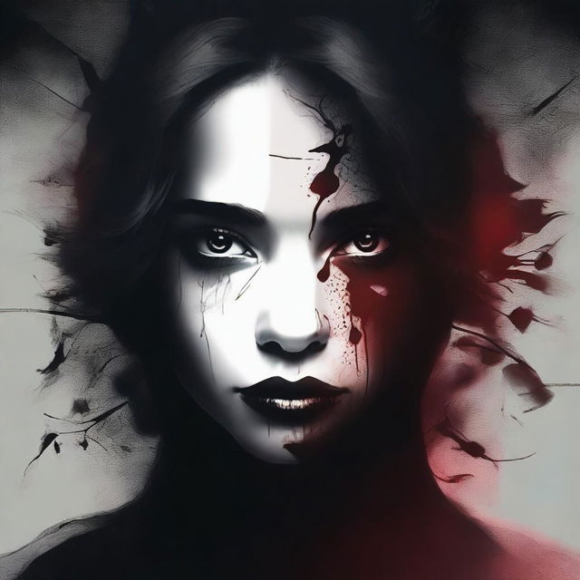 Create an image with a dark, moody gradient background transitioning from deep crimson at the top to black at the bottom, symbolizing blood and darkness