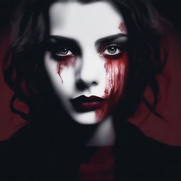 Create an image with a dark, moody gradient background transitioning from deep crimson at the top to black at the bottom, symbolizing blood and darkness