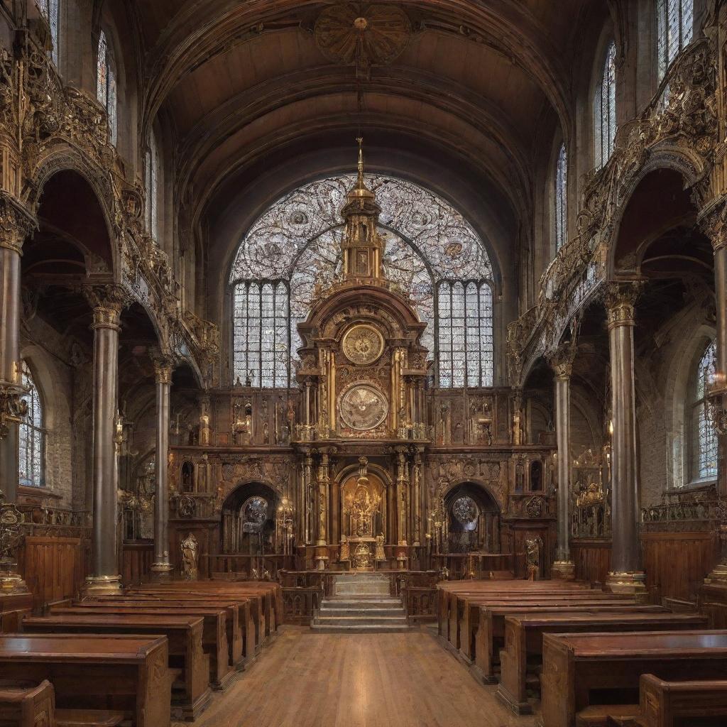 A grandiose church redesigned in a steampunk aesthetic, decked with elaborate clockwork, brass fixtures, steam engines, and intricate Victorian-era details.