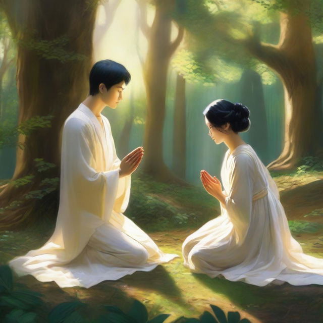 A young European man with short black hair, dressed in a white spiritual dress, kneels in prayer in front of a woman with black hair sitting on a golden throne