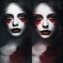 Create an image with a dark, moody gradient background transitioning from deep crimson at the top to black at the bottom, symbolizing blood and darkness