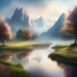 A serene and mystical landscape with ethereal whispers floating in the air, beyond an ancient and magical border