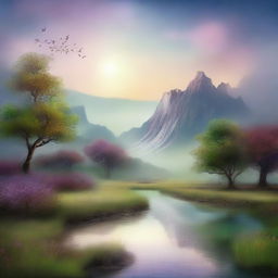 A serene and mystical landscape with ethereal whispers floating in the air, beyond an ancient and magical border