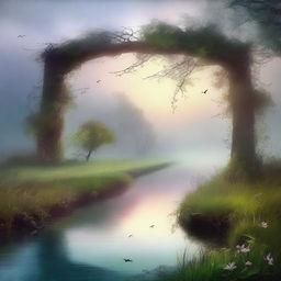 A serene and mystical landscape with ethereal whispers floating in the air, beyond an ancient and magical border