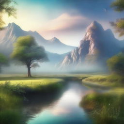 A serene and mystical landscape with ethereal whispers floating in the air, beyond an ancient and magical border