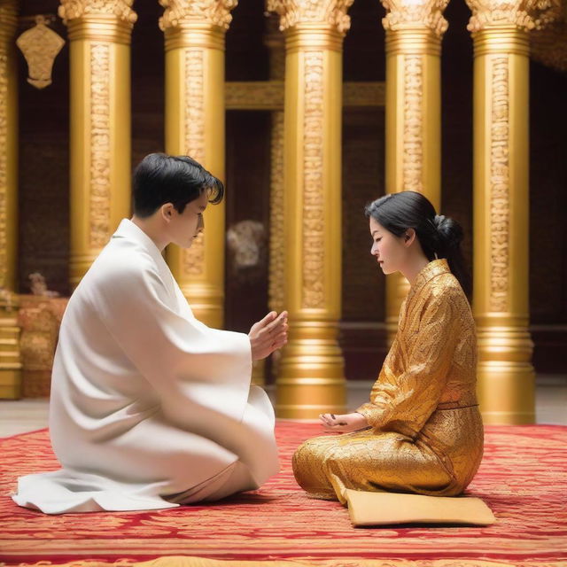 A young European man with short black hair, dressed in a white spiritual robe, is kneeling and praying in front of a woman with black hair who is sitting on a golden throne