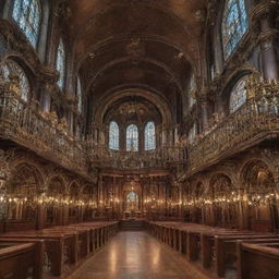 A grandiose church redesigned in a steampunk aesthetic, decked with elaborate clockwork, brass fixtures, steam engines, and intricate Victorian-era details.