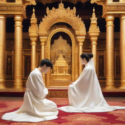 A young European man with short black hair, dressed in a white spiritual robe, is kneeling and praying in front of a woman with black hair who is sitting on a golden throne