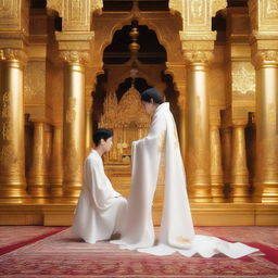 A young European man with short black hair, dressed in a white spiritual robe, is kneeling and praying in front of a woman with black hair who is sitting on a golden throne