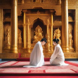 A young European man with short black hair, dressed in a white spiritual robe, is kneeling and praying in front of a woman with black hair who is sitting on a golden throne