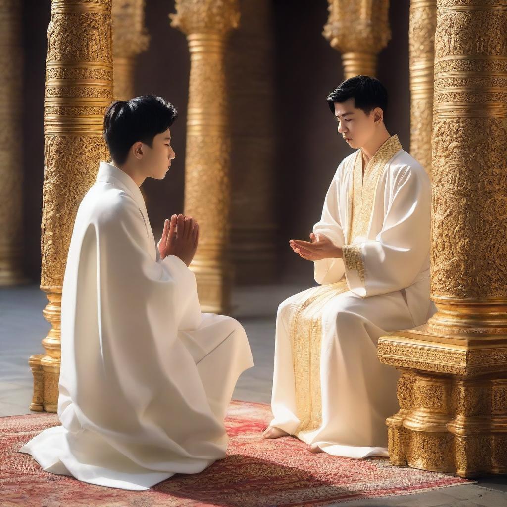 A young European man with short black hair, dressed in a white spiritual robe, is kneeling and praying in front of a woman with black hair who is sitting on a golden throne