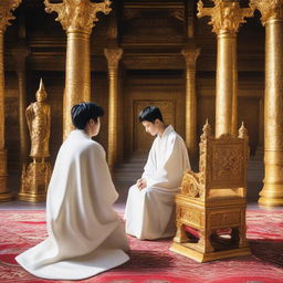 A young European man with short black hair, dressed in a white spiritual robe, is kneeling and praying in front of a woman with black hair who is sitting on a golden throne