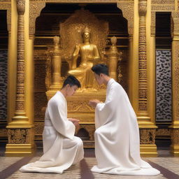 A young European man with short black hair, dressed in a white spiritual robe, is kneeling and praying in front of a woman with black hair who is sitting on a golden throne