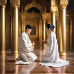 A young European man with short black hair, dressed in a white spiritual robe, is kneeling and praying in front of a woman with black hair who is sitting on a golden throne