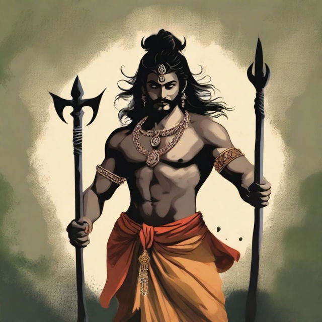 Create an image of Rudra, a powerful and divine figure from Hindu mythology, depicted with traditional attributes such as a trident, matted hair, and a serene yet commanding presence