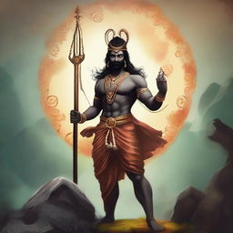 Create an image of Rudra, a powerful and divine figure from Hindu mythology, depicted with traditional attributes such as a trident, matted hair, and a serene yet commanding presence