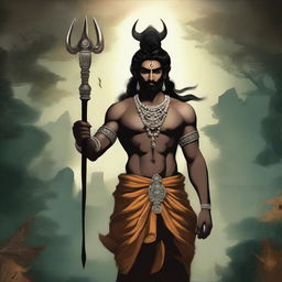 Create an image of Rudra, a powerful and divine figure from Hindu mythology, depicted with traditional attributes such as a trident, matted hair, and a serene yet commanding presence