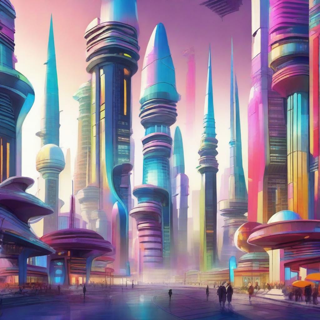 A depiction of a strange and foreign city with futuristic architecture, unusual buildings, and vibrant colors