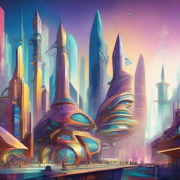 A depiction of a strange and foreign city with futuristic architecture, unusual buildings, and vibrant colors