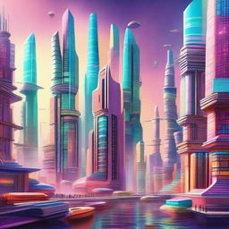 A depiction of a strange and foreign city with futuristic architecture, unusual buildings, and vibrant colors