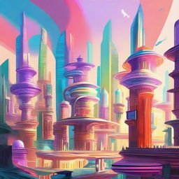 A depiction of a strange and foreign city with futuristic architecture, unusual buildings, and vibrant colors