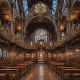 A grandiose church redesigned in a steampunk aesthetic, decked with elaborate clockwork, brass fixtures, steam engines, and intricate Victorian-era details.