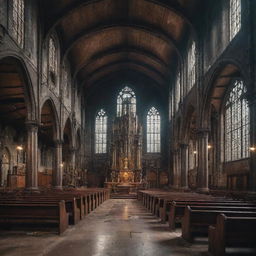 A majestic church overlaid with a dieselpunk aesthetic; flooded with gritty industrial elements, grimy colors, and a heart of vintage technology.