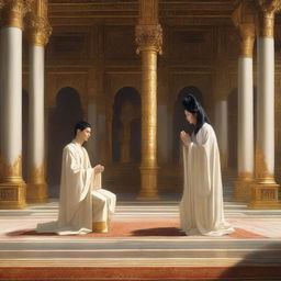 A young European man with short black hair, dressed in a white spiritual robe, is kneeling in prayer