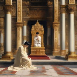 A young European man with short black hair, dressed in a white spiritual robe, is kneeling in prayer