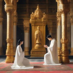 A young European man with short black hair, dressed in a white spiritual robe, is kneeling in prayer