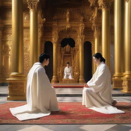 A young European man with short black hair, dressed in a white spiritual robe, is kneeling in prayer