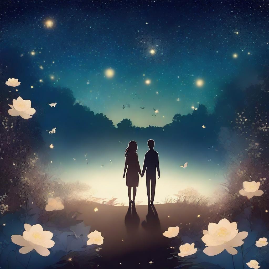 A romantic scene featuring a couple holding hands under a starry night sky