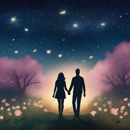 A romantic scene featuring a couple holding hands under a starry night sky