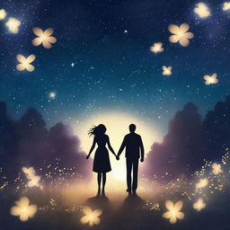 A romantic scene featuring a couple holding hands under a starry night sky