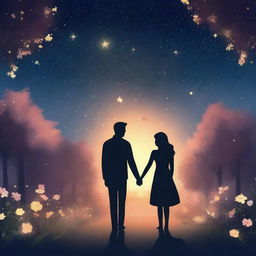 A romantic scene featuring a couple holding hands under a starry night sky