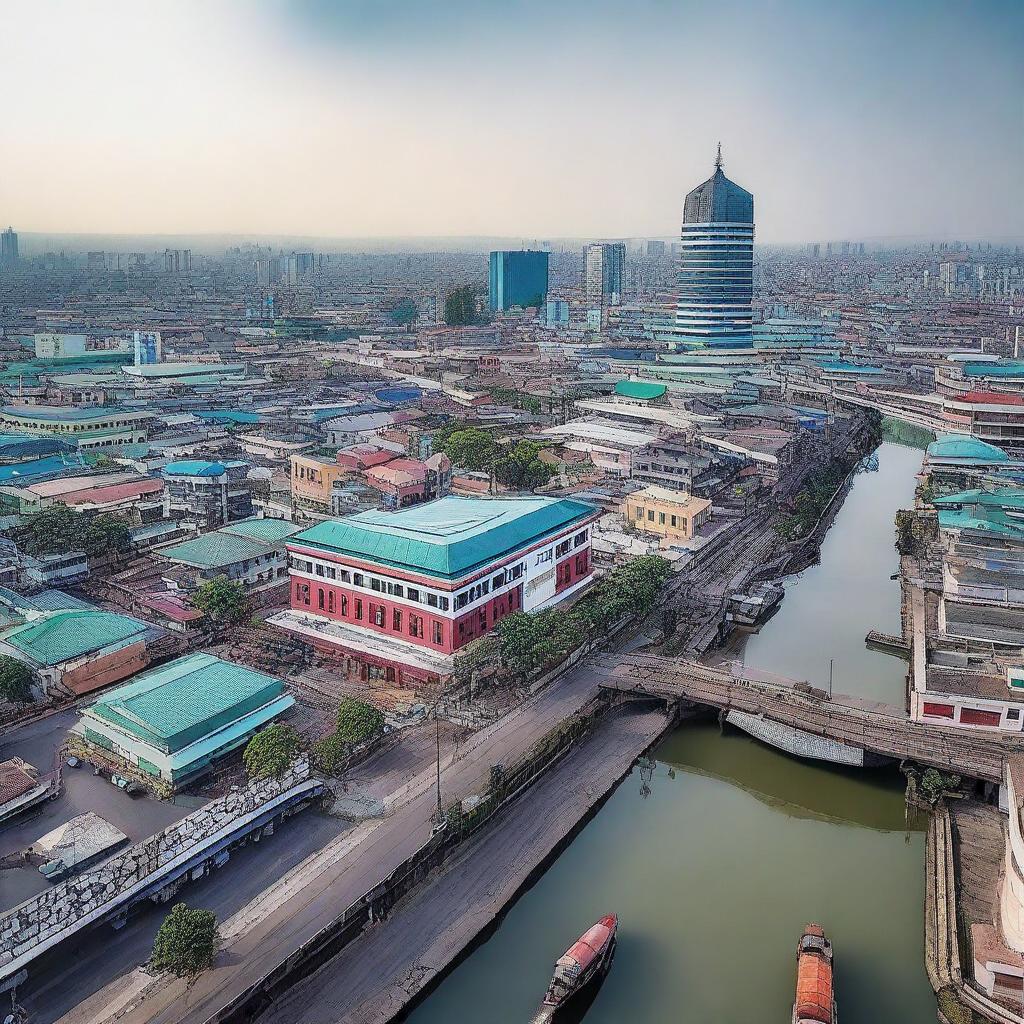 A beautiful and vibrant cityscape of Kota Medan, featuring its iconic landmarks, bustling streets, and a mix of modern and traditional architecture