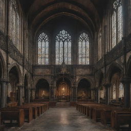 A majestic church overlaid with a dieselpunk aesthetic; flooded with gritty industrial elements, grimy colors, and a heart of vintage technology.