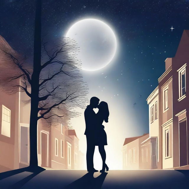 A romantic scene of a couple kissing under the night sky