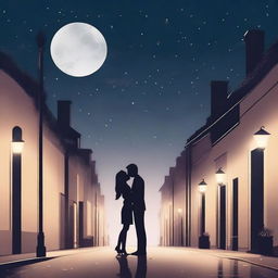 A romantic scene of a couple kissing under the night sky