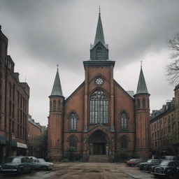 A majestic church overlaid with a dieselpunk aesthetic; flooded with gritty industrial elements, grimy colors, and a heart of vintage technology.