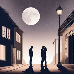 A romantic scene of a couple kissing under the night sky